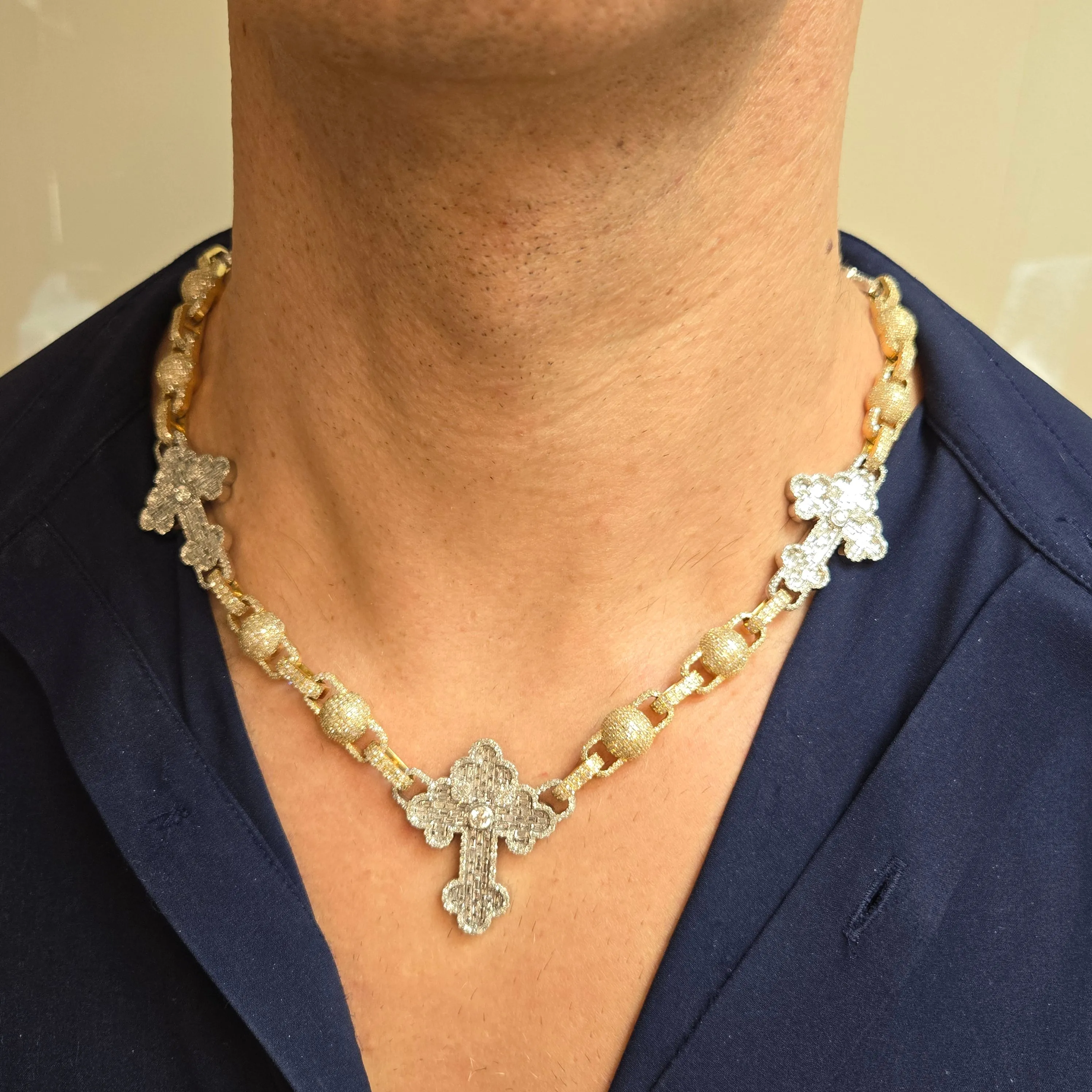 10K Gold Cross Beads Two Tone Iced Out Diamonds 22" Hip Hop Mens Chain Necklace - SNK34621