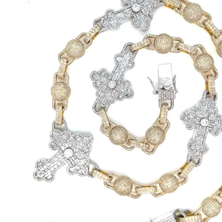 10K Gold Cross Beads Two Tone Iced Out Diamonds 22" Hip Hop Mens Chain Necklace - SNK34621