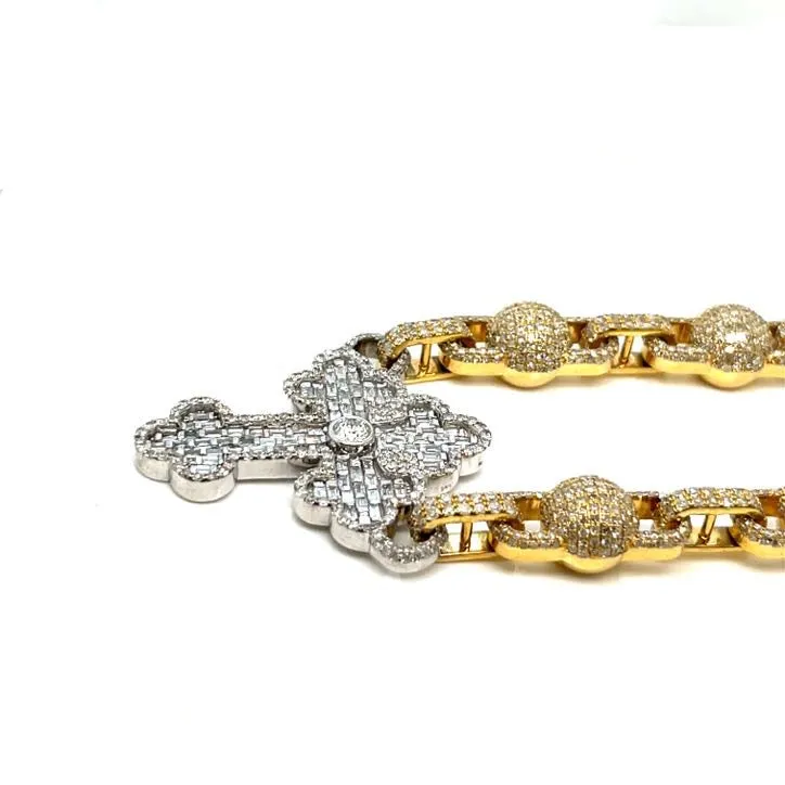 10K Gold Cross Beads Two Tone Iced Out Diamonds 22" Hip Hop Mens Chain Necklace - SNK34621