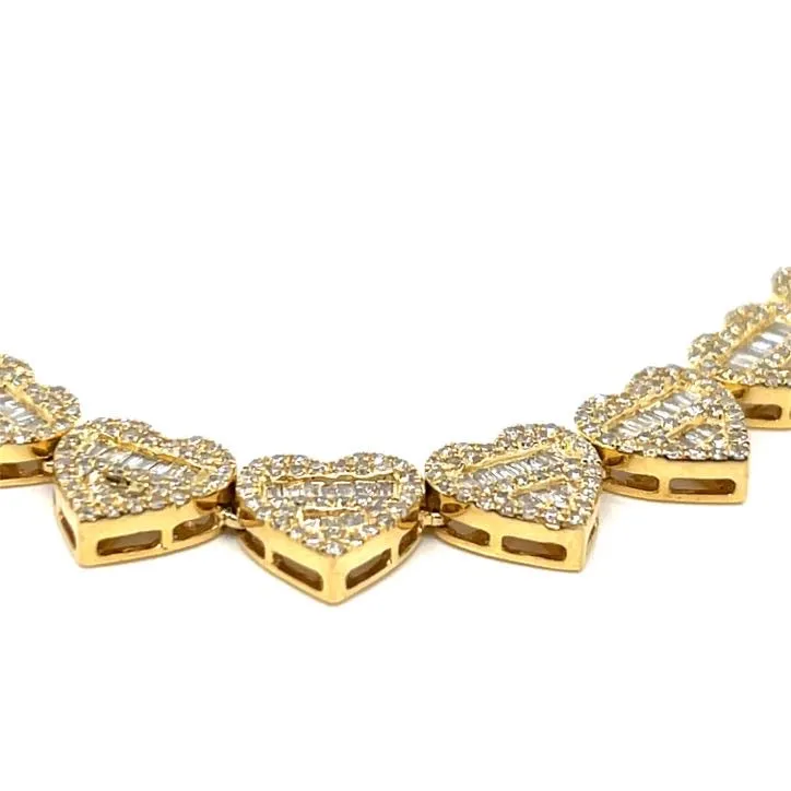10K Gold Hearts Brilliant Baguette Diamonds 18" Chain Necklace - SNK19860A