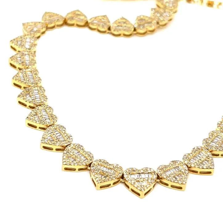 10K Gold Hearts Brilliant Baguette Diamonds 18" Chain Necklace - SNK19860A