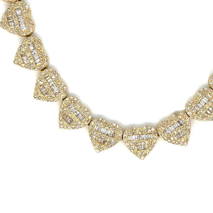 10K Gold Hearts Brilliant Baguette Diamonds 18" Chain Necklace - SNK19860A
