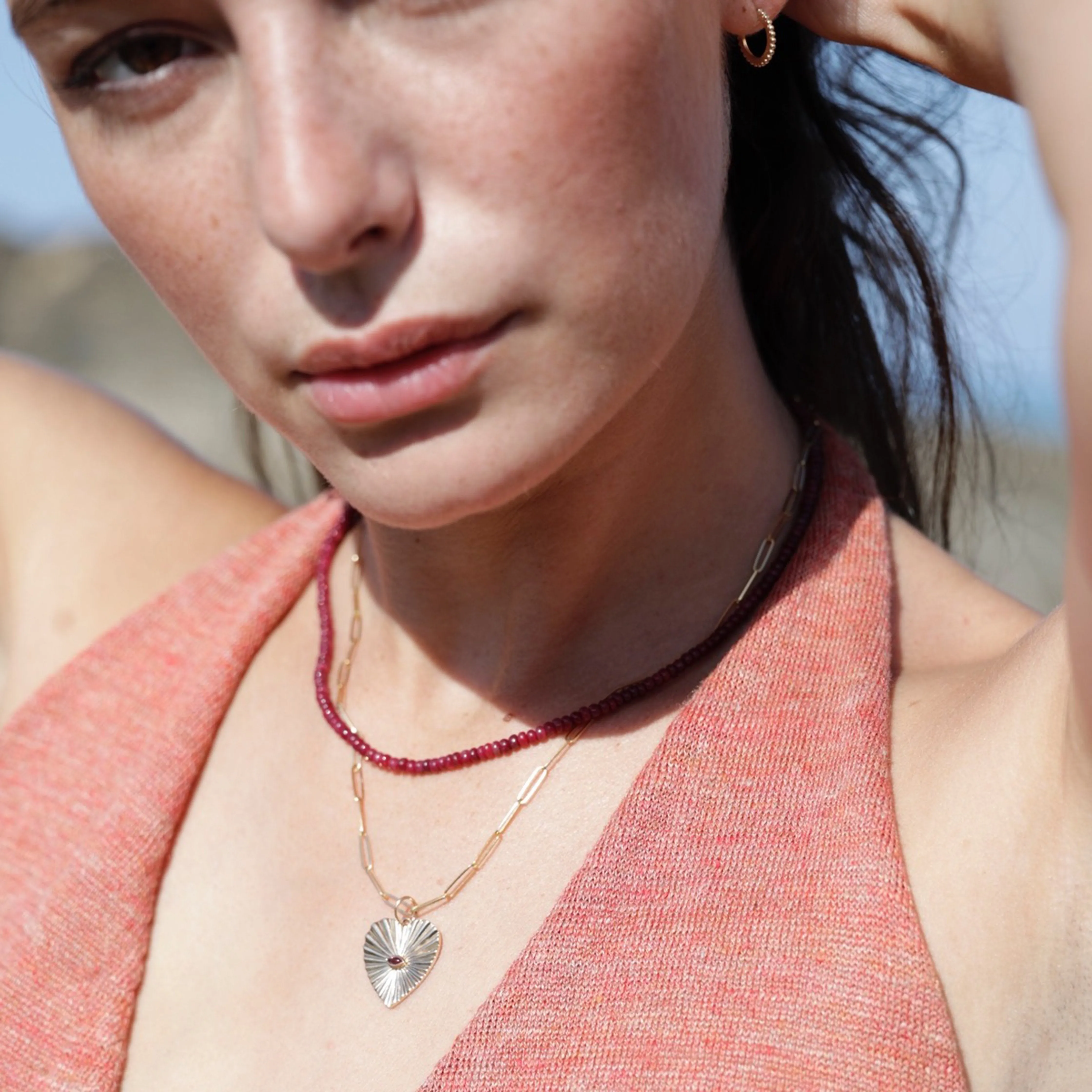 10K Gold Large Textured Heart Pendant with Pink Tourmaline