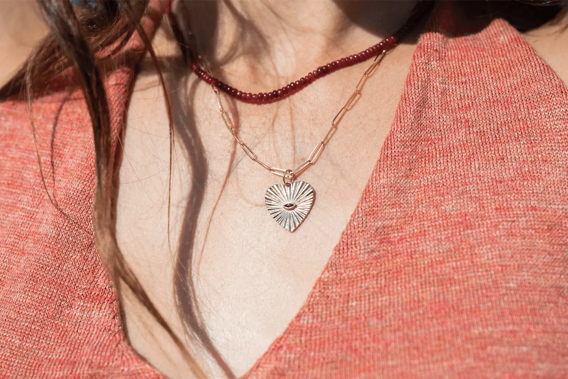 10K Gold Large Textured Heart Pendant with Pink Tourmaline