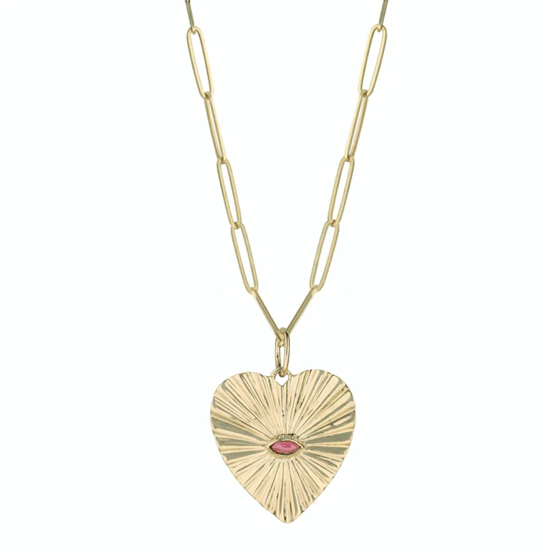 10K Gold Large Textured Heart Pendant with Pink Tourmaline