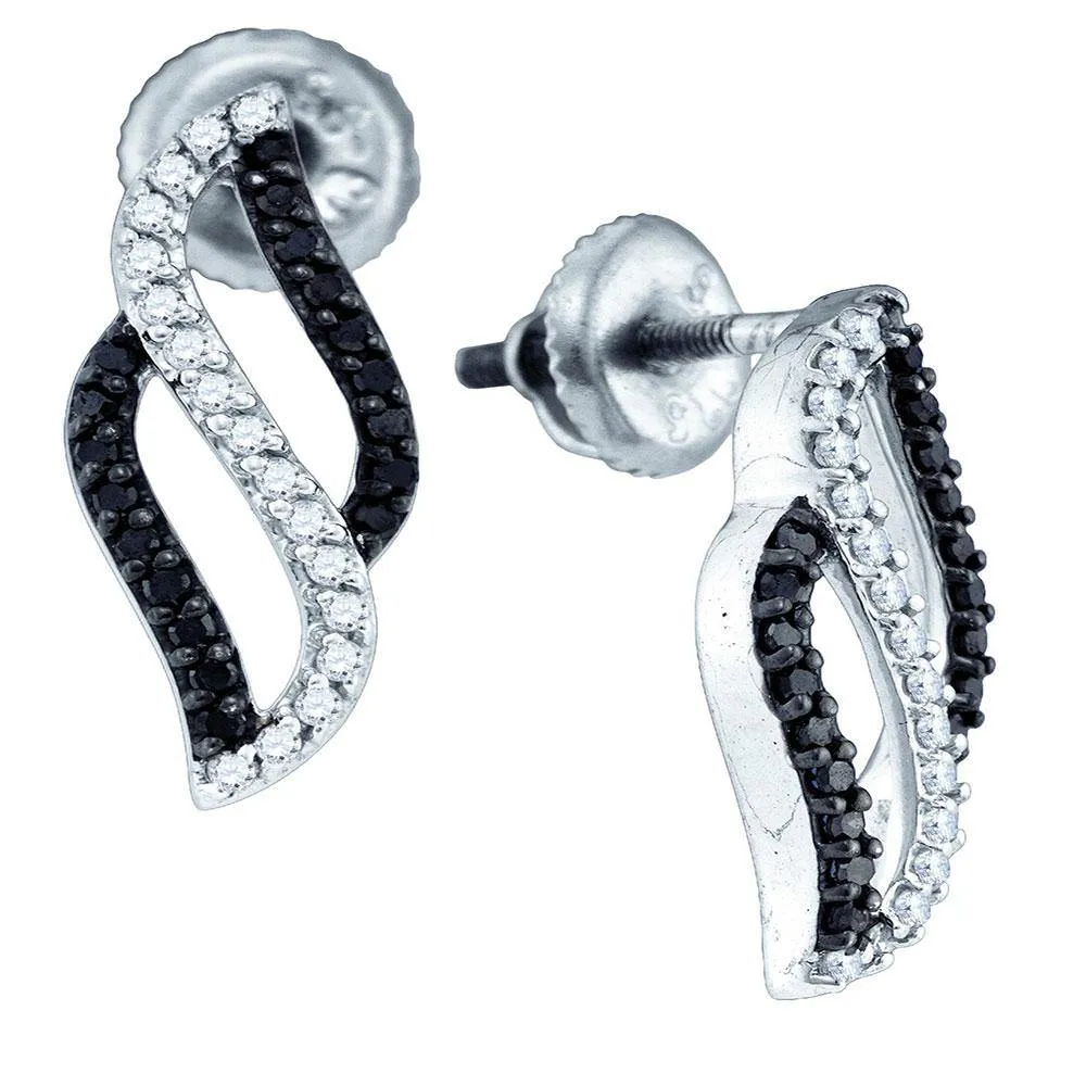 10k White Gold Black Color Enhanced Round Diamond Vertical Stripe Screwback Stud Earrings 1/3 Cttw
