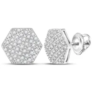 10K White Gold Mens Round Diamond Hexagon Cluster Stud Earrings 1/5 Cttw