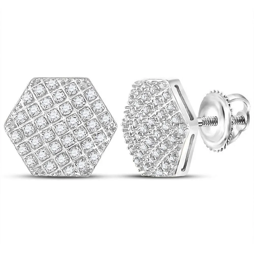 10K White Gold Mens Round Diamond Hexagon Cluster Stud Earrings 1/5 Cttw