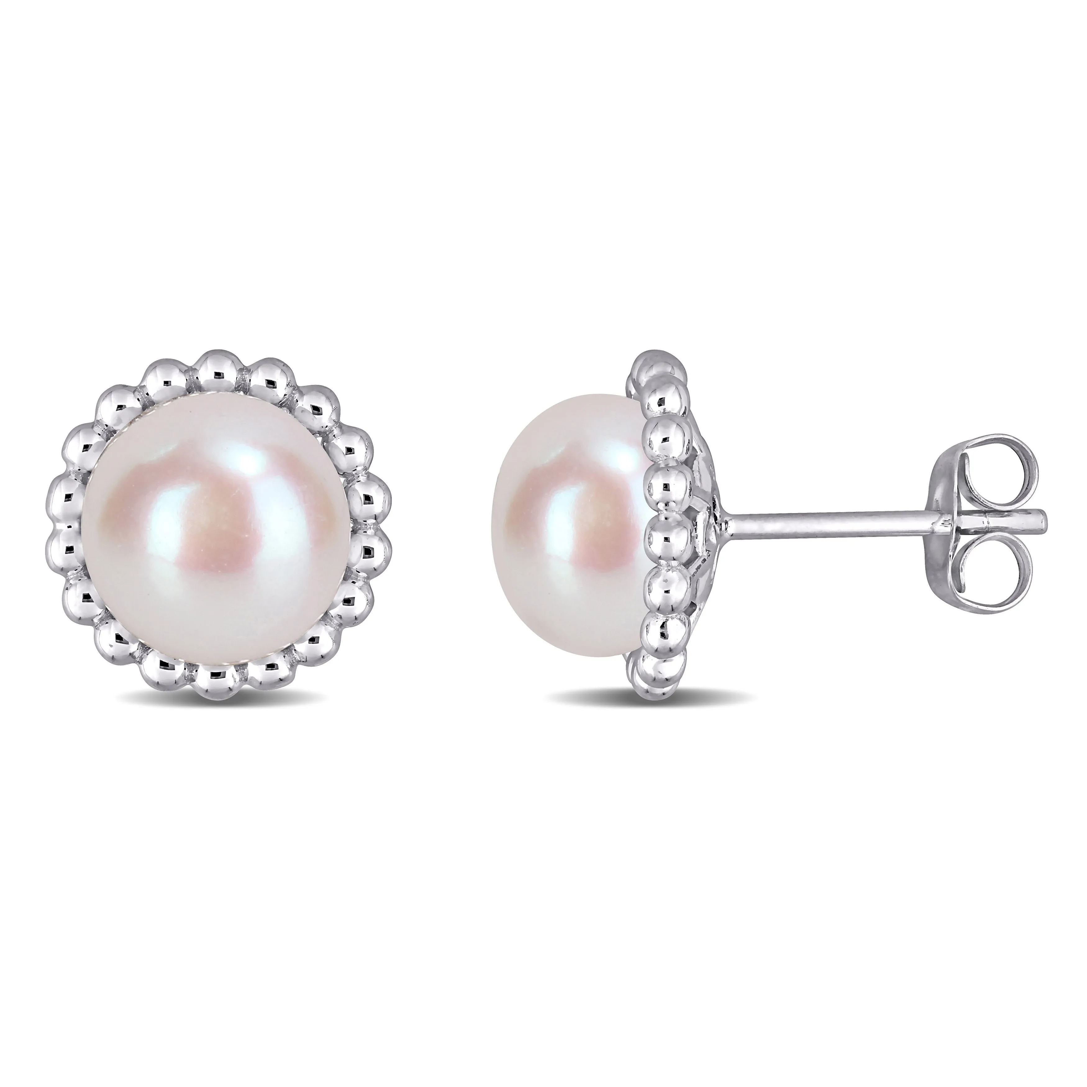 10K White Gold Pearl Halo Stud Earrings