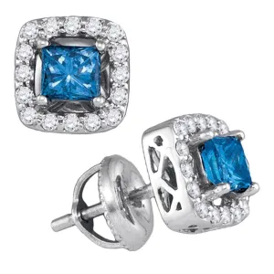 10K White Gold Princess Blue Color Enhanced Diamond Solitaire Square Stud Earrings 3/4 Cttw