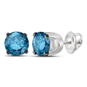 10K White Gold Round Blue Color Enhanced Diamond Solitaire Stud Earrings 1.00 Cttw