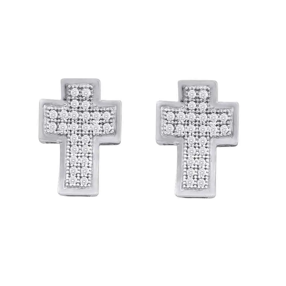 10K White Gold Round Diamond Concave Cross Stud Earrings 1/6 Cttw