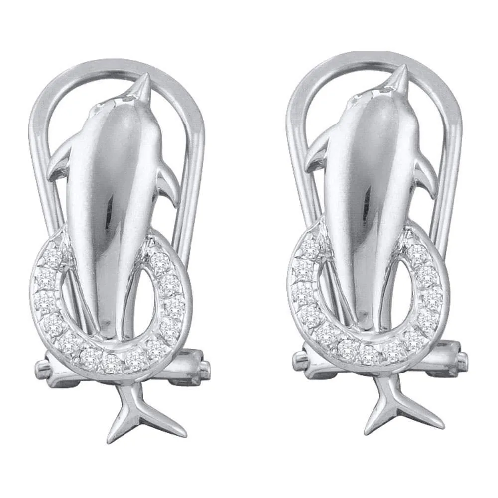 10K White Gold Round Diamond Dolphin French-clip Stud Earrings 1/12 Cttw