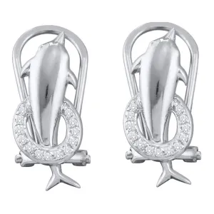 10K White Gold Round Diamond Dolphin French-clip Stud Earrings 1/12 Cttw
