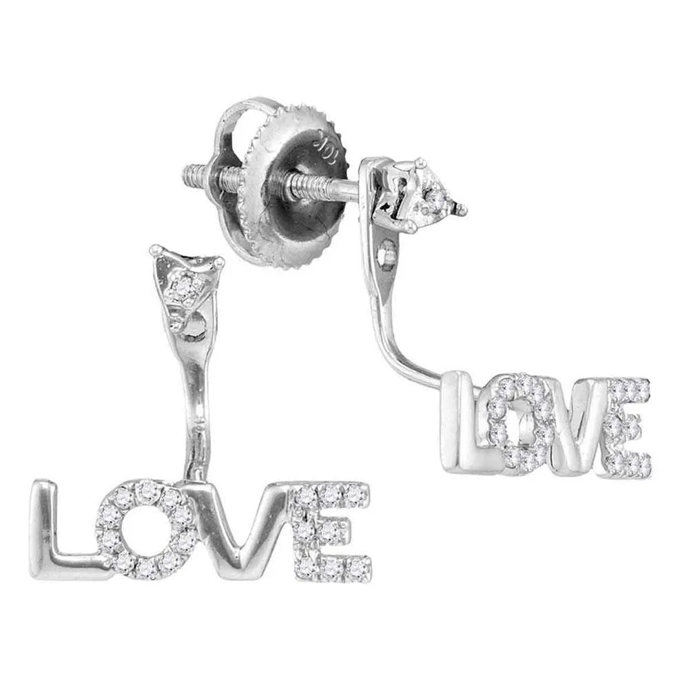 10K White Gold Round Diamond Love Stud Jacket Earrings 1/10 Cttw