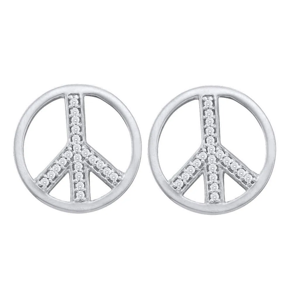 10K White Gold Round Diamond Peace Sign Stud Earrings 1/6 Cttw