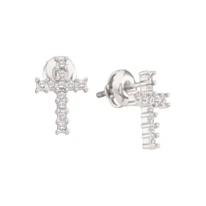10K White Gold Round Diamond Roman Cross Religious Stud Earrings 1/10 Cttw