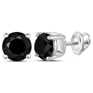 10K White Gold Unisex Round Black Color Enhanced Diamond Solitaire Stud Earrings 4.00 Cttw