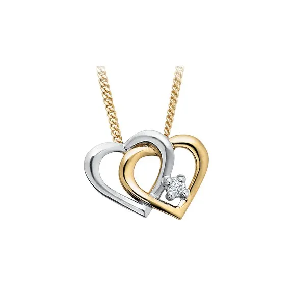 10K Yellow and White Gold (0.02ct) Diamond Double Heart Pendant