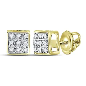 10K Yellow Gold Mens Round Diamond Square Cluster Stud Earrings 1/20 Cttw