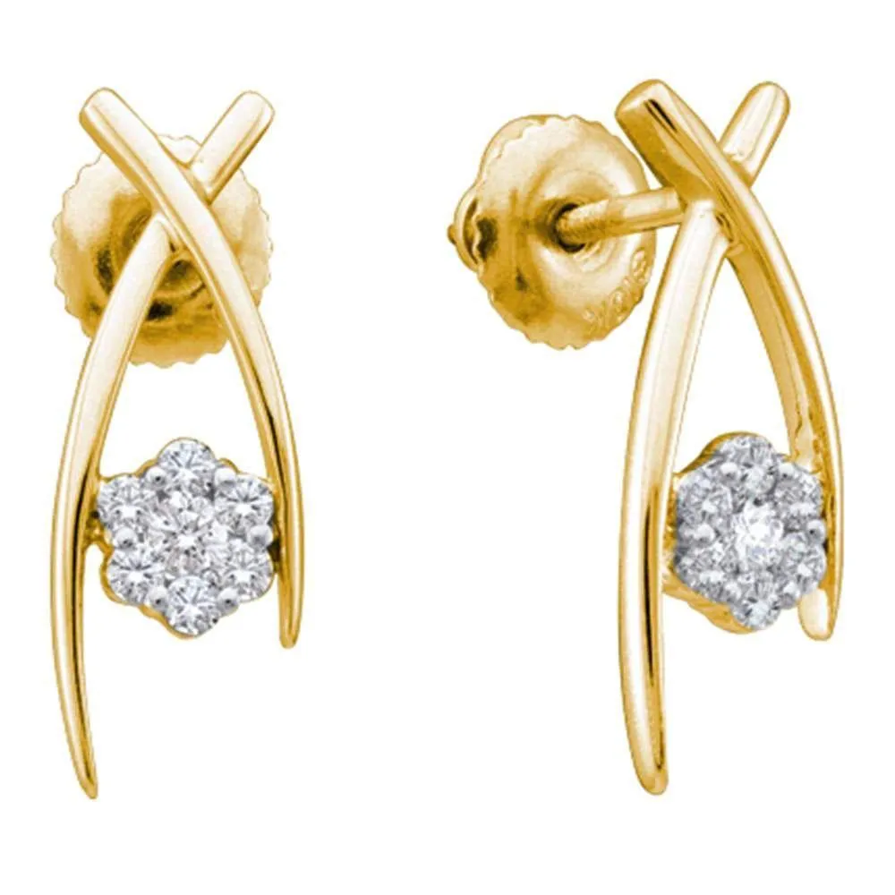 10K Yellow Gold Round Diamond Flower Cluster Screwback Stud Earrings 1/4 Cttw