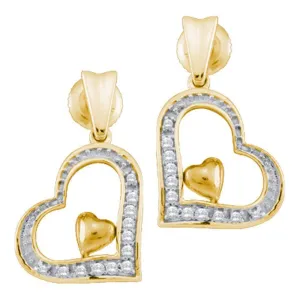 10k Yellow Gold Round Diamond Heart Dangle Screwback Stud Earrings 1/10 Cttw