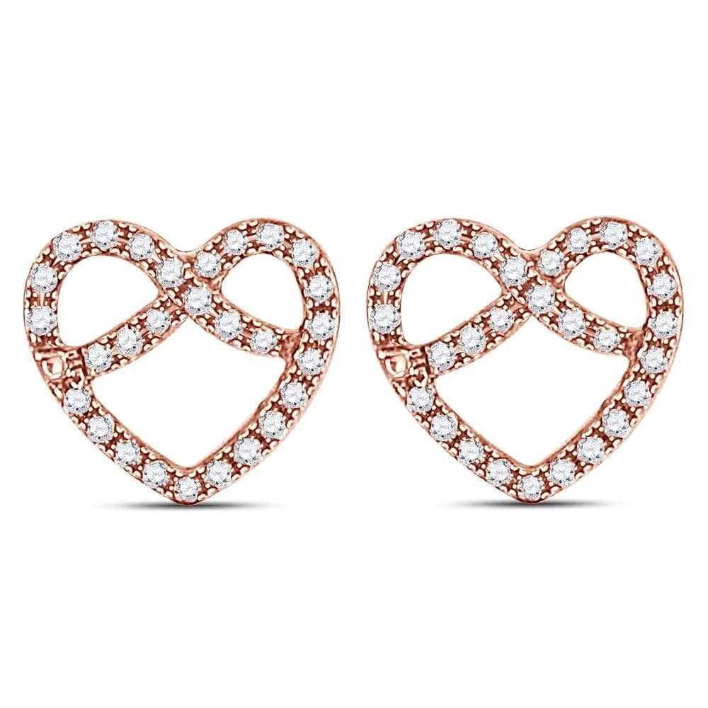 10kt Rose Gold Womens Round Diamond Pretzel Heart Stud Earrings 1/6 Cttw