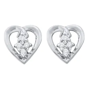 10kt White Gold Womens Round Diamond Heart Cluster Stud Earrings 1/12 Cttw