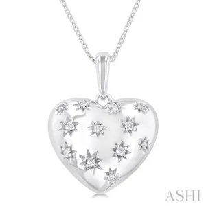 1/10 ctw Bold Star Engraved Puffed Heart Round Cut Diamond Pendant With Chain in Sterling Silver