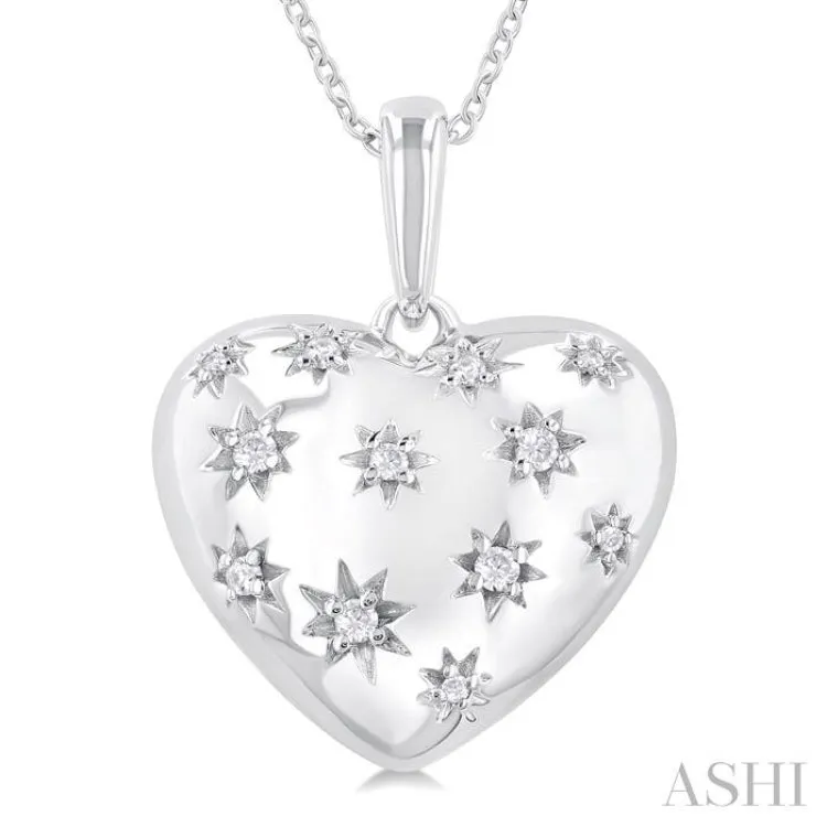 1/10 ctw Bold Star Engraved Puffed Heart Round Cut Diamond Pendant With Chain in Sterling Silver