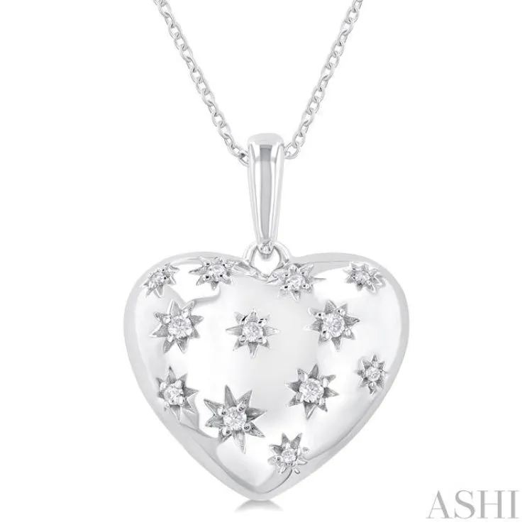 1/10 ctw Bold Star Engraved Puffed Heart Round Cut Diamond Pendant With Chain in Sterling Silver