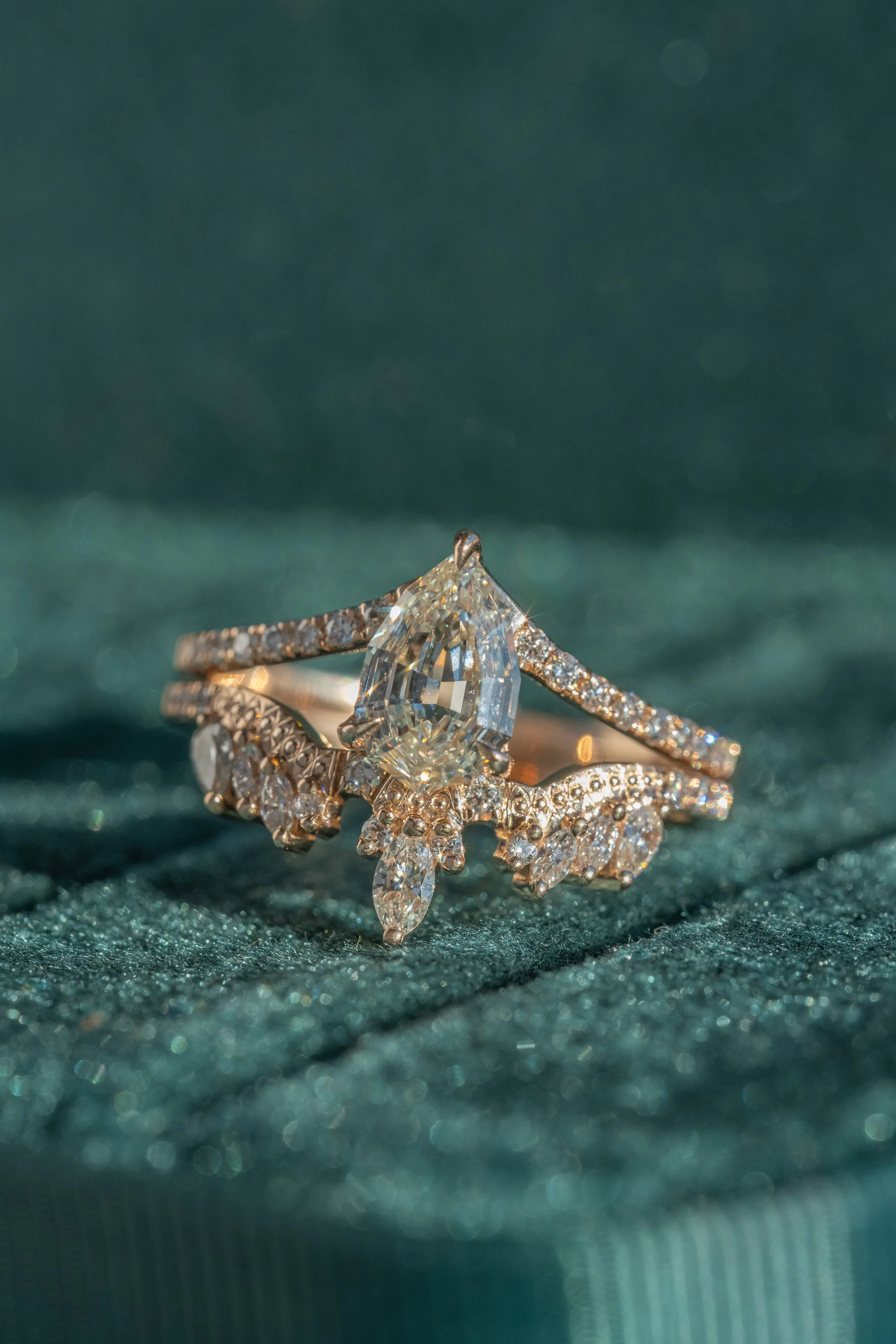 1.16 Carat Clear Geo Pear Diamond Engagement Ring, Aziza Setting, 14K Peach Gold