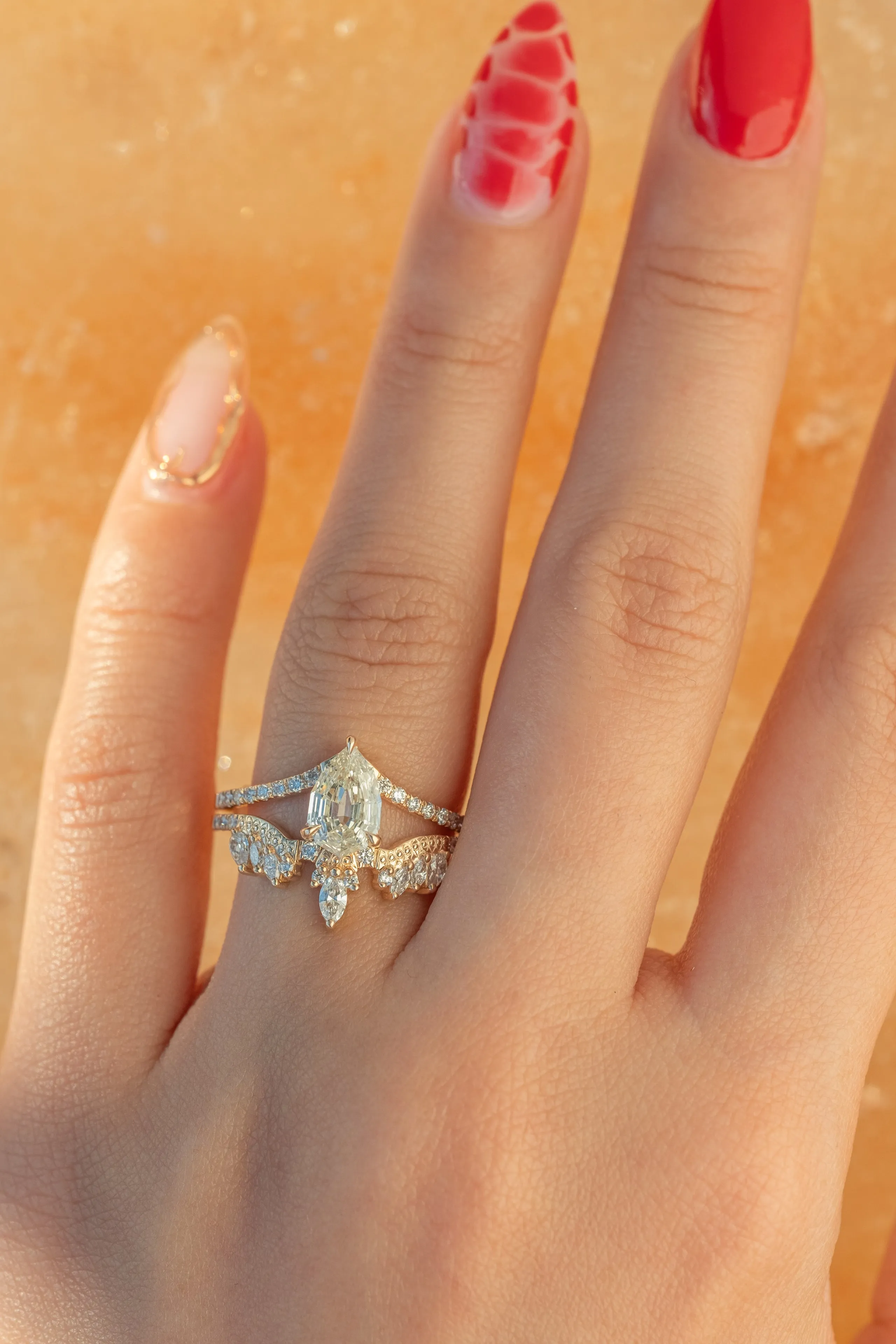 1.16 Carat Clear Geo Pear Diamond Engagement Ring, Aziza Setting, 14K Peach Gold
