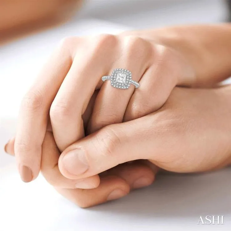 1/2 ctw Princess & Round Cut Diamond Ladies Engagement Ring with 1/4 Ct Princess Cut Center Stone in 14K White Gold