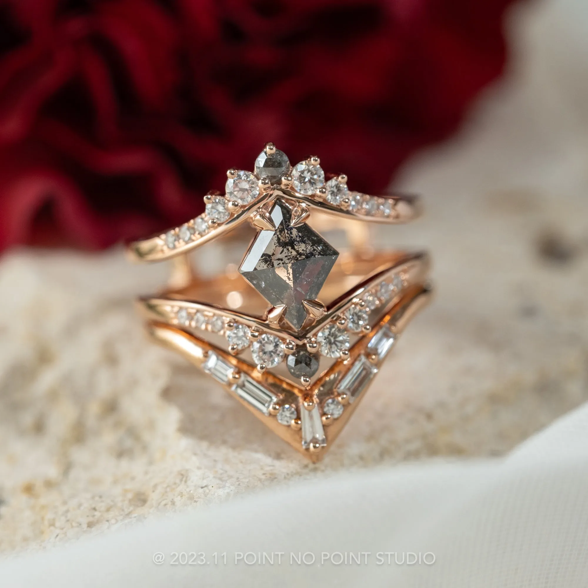 1.23 Carat Salt and Pepper Lozenge Diamond Engagement Ring, Empress Setting, 14K Rose Gold