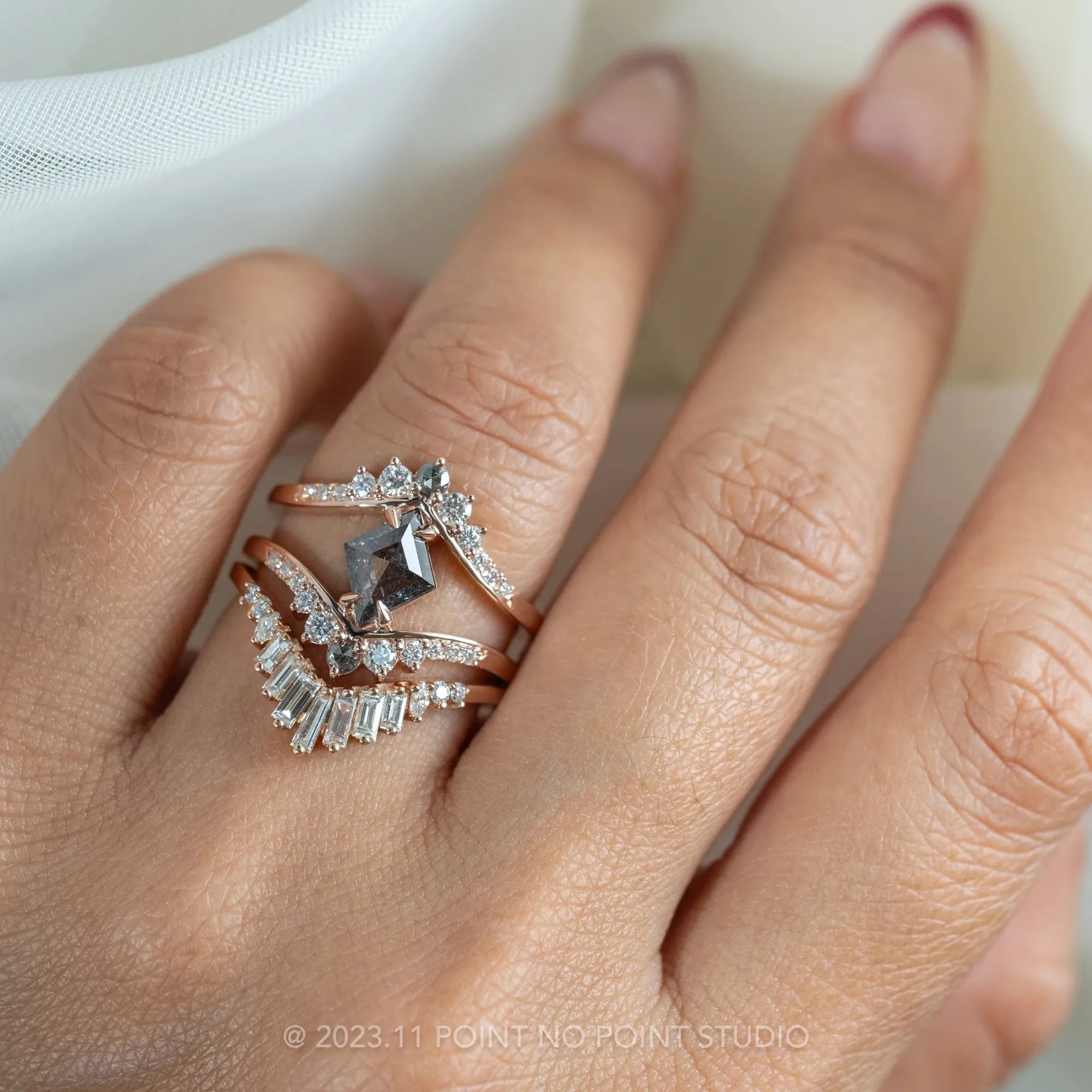 1.23 Carat Salt and Pepper Lozenge Diamond Engagement Ring, Empress Setting, 14K Rose Gold