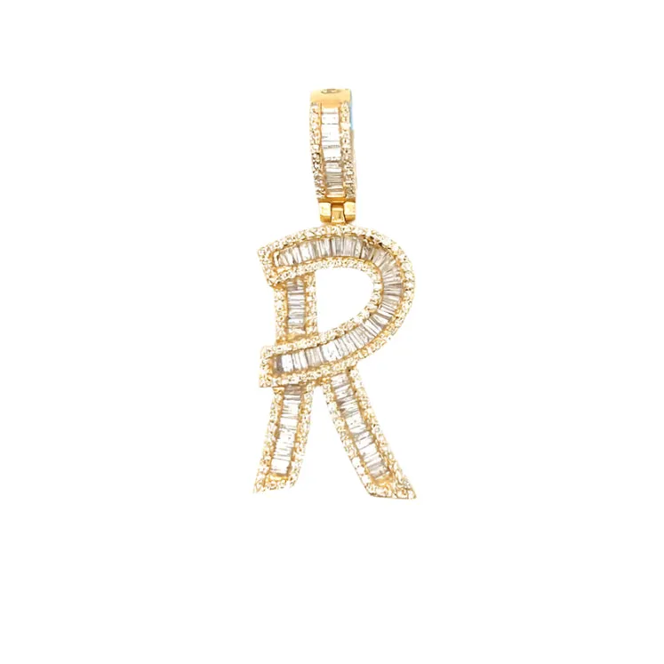 14k Gold Baguette Iced Out Alphabet Initials Pendants