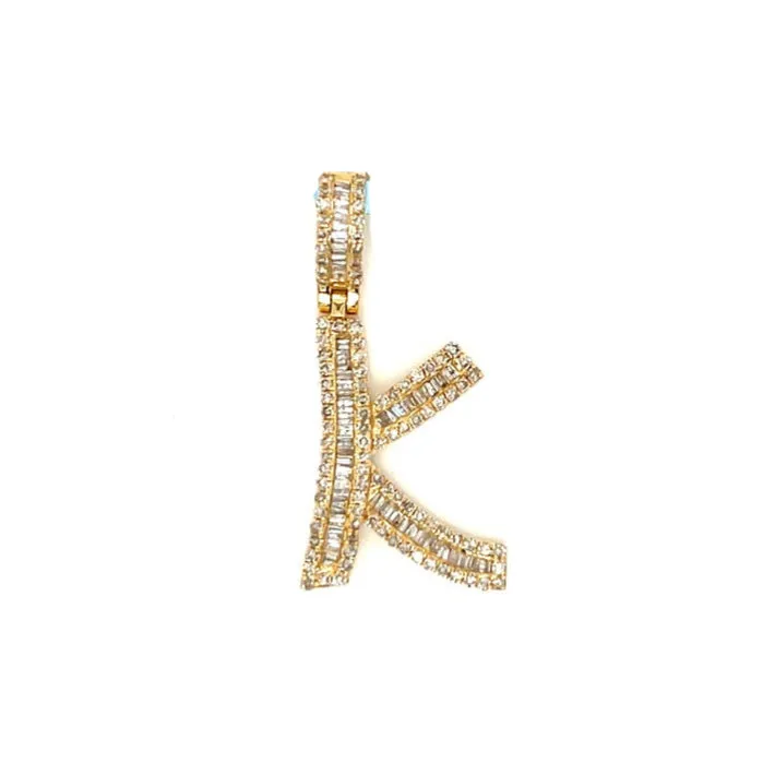 14k Gold Baguette Iced Out Alphabet Initials Pendants