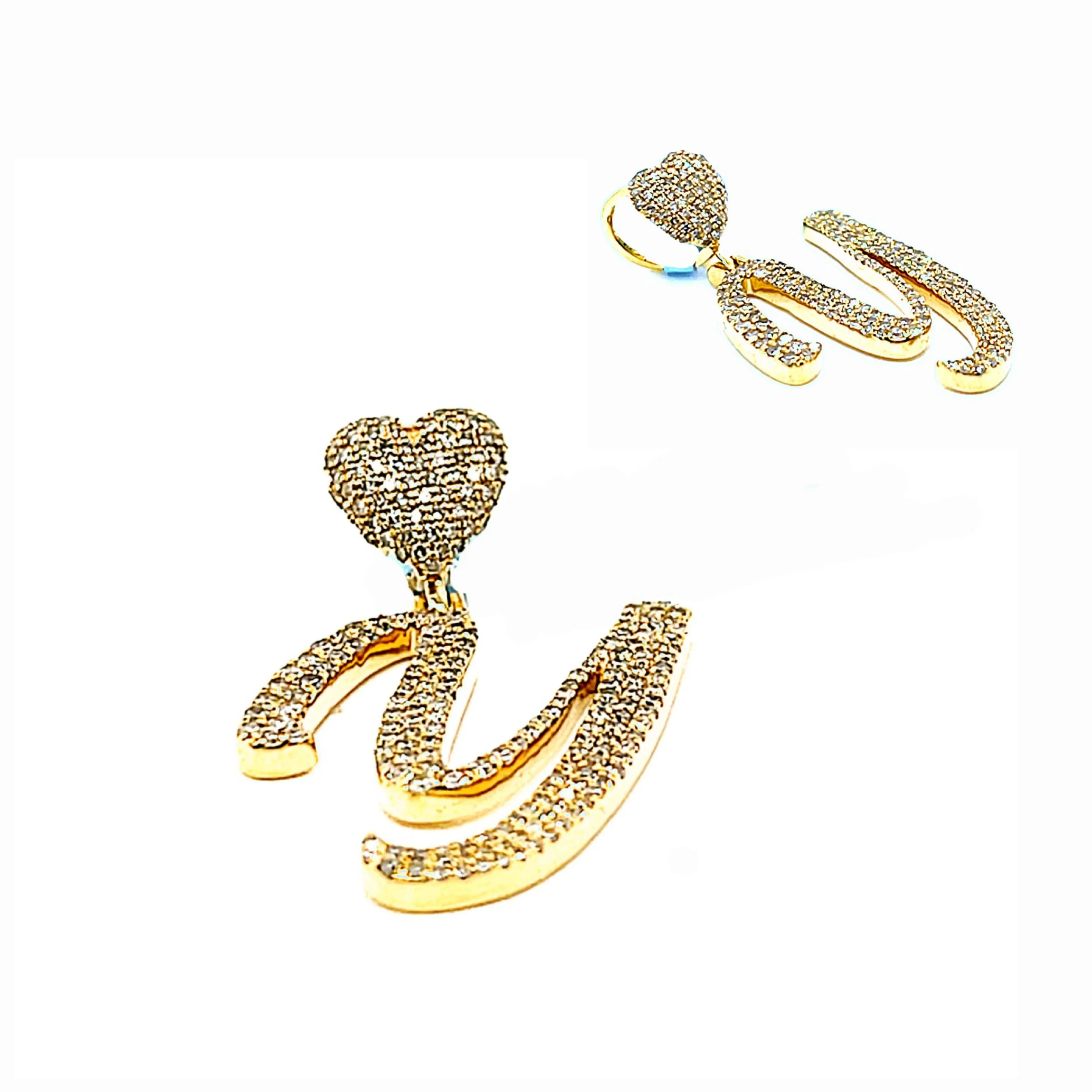 14k Gold Diamond stylized Alphabet letter Heart Bail Icy Charm Pendant - SP16945