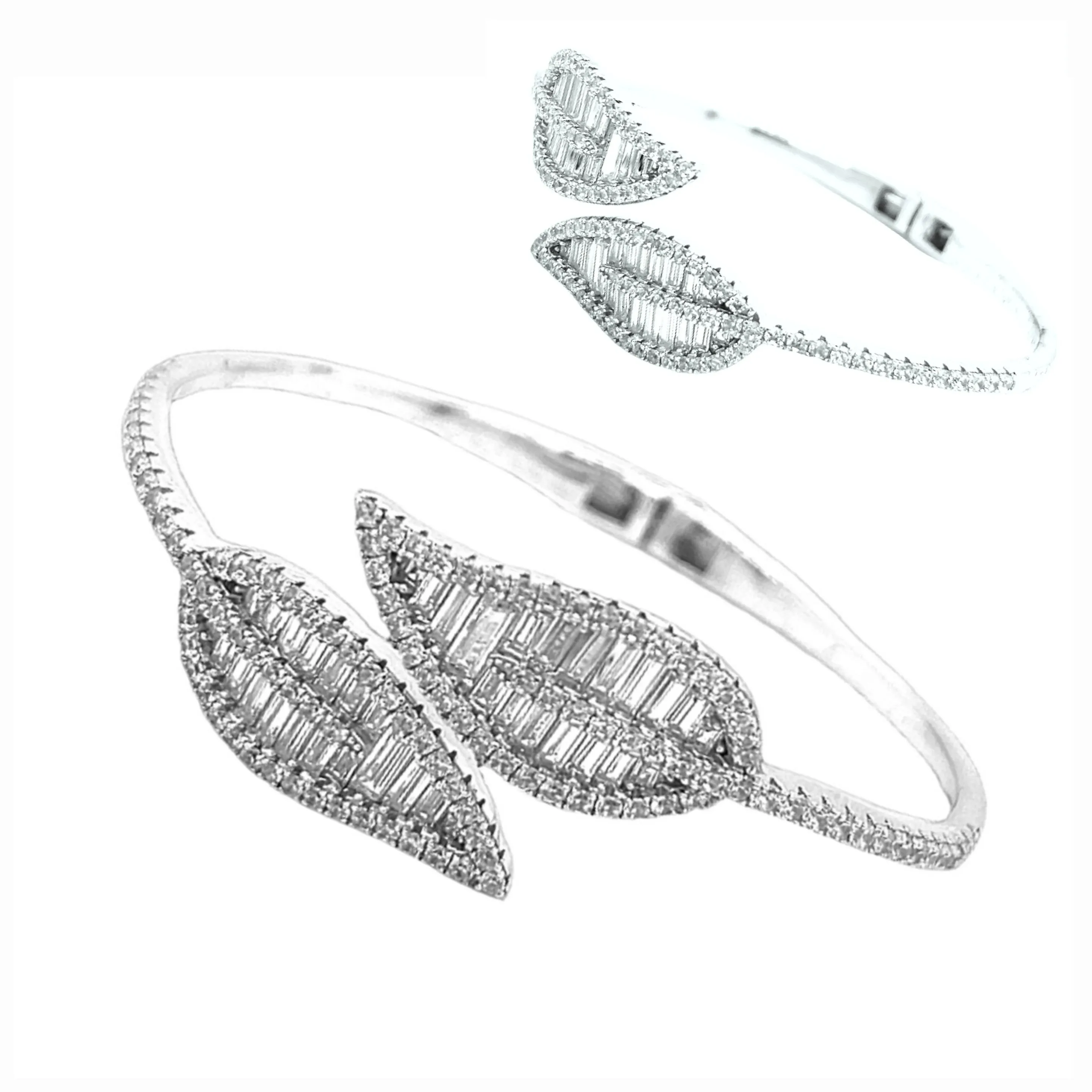 14k Gold Plated over Sterling 925 Leaf Baguette Zirconia Bangle Bracelet
