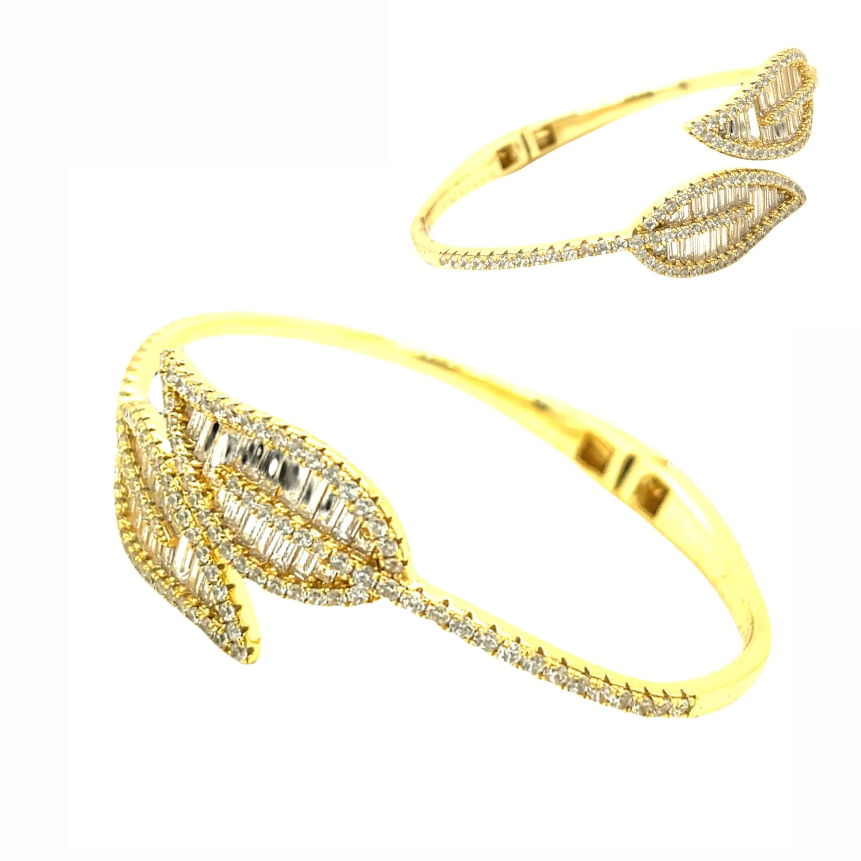 14k Gold Plated over Sterling 925 Leaf Baguette Zirconia Bangle Bracelet