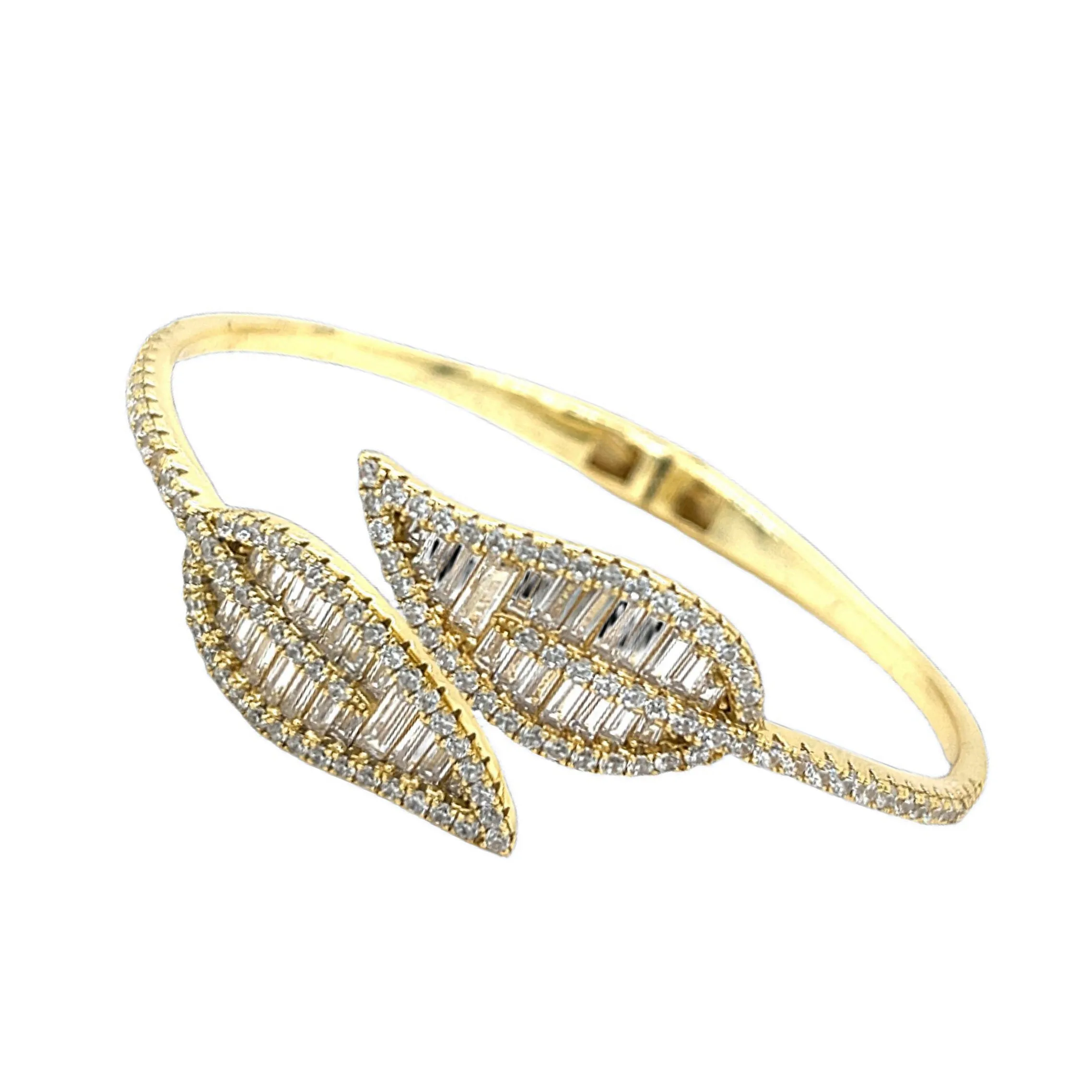 14k Gold Plated over Sterling 925 Leaf Baguette Zirconia Bangle Bracelet