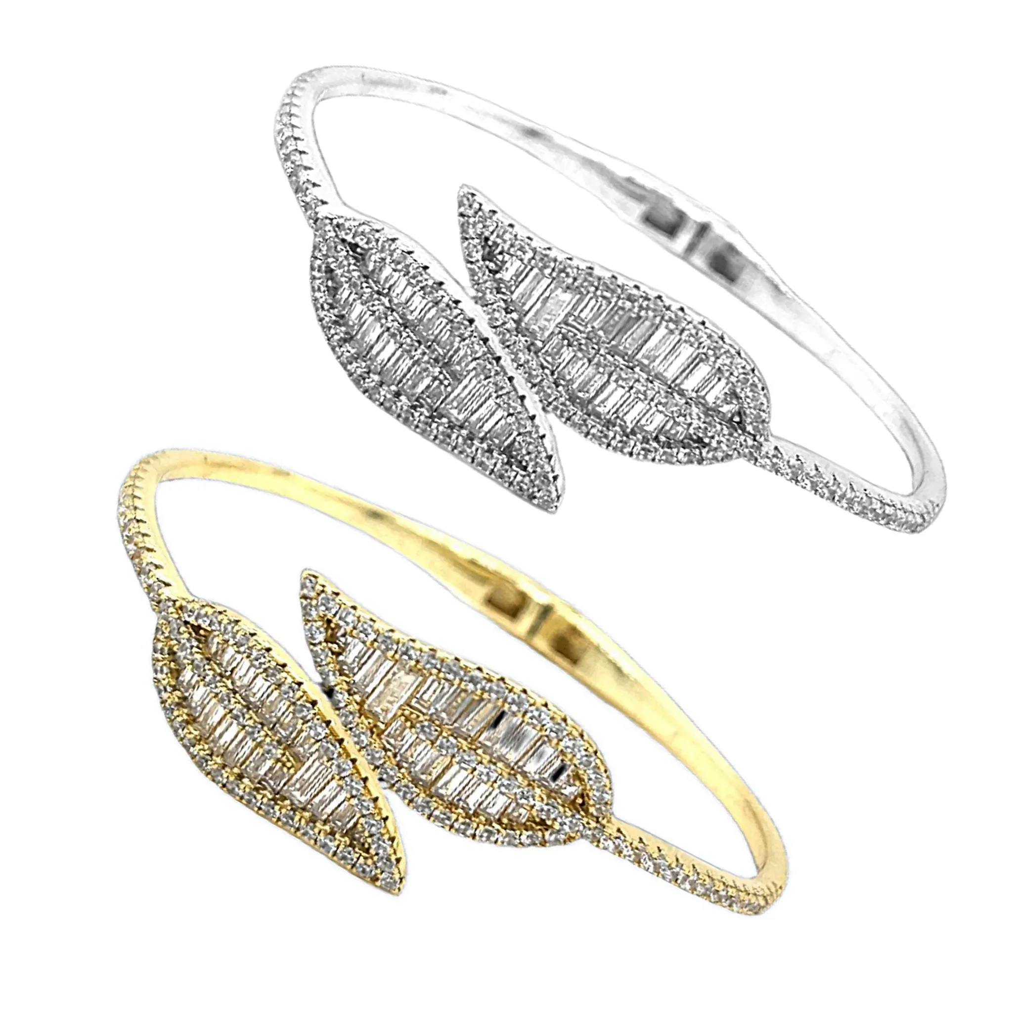 14k Gold Plated over Sterling 925 Leaf Baguette Zirconia Bangle Bracelet