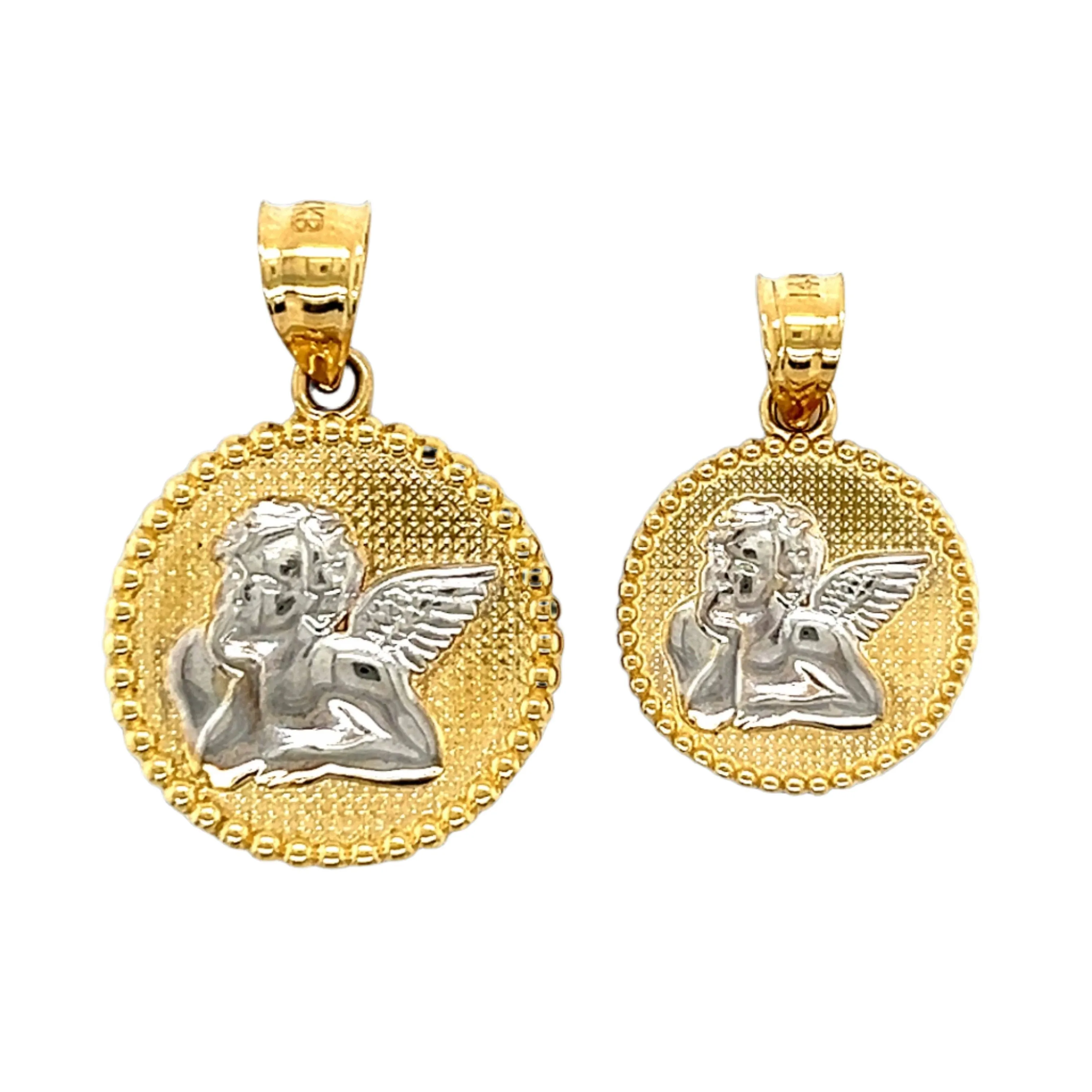 14K Gold Solid Two Toned Angel Pendant Charm Round Medallion