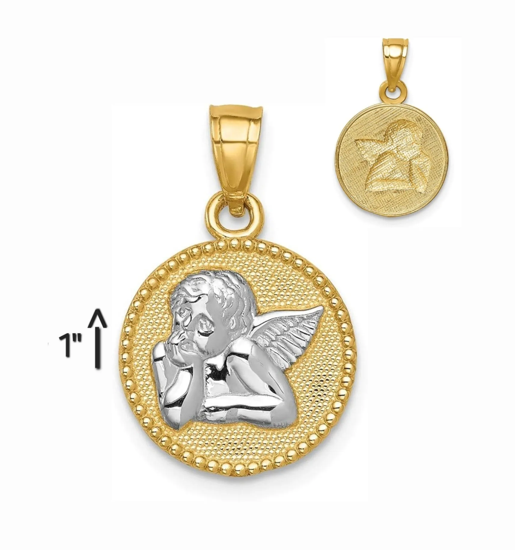 14K Gold Solid Two Toned Angel Pendant Charm Round Medallion