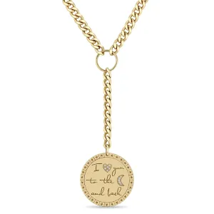 14k Large Pavé Diamond "I love you to the moon & back" Mantra Curb Chain Lariat Necklace