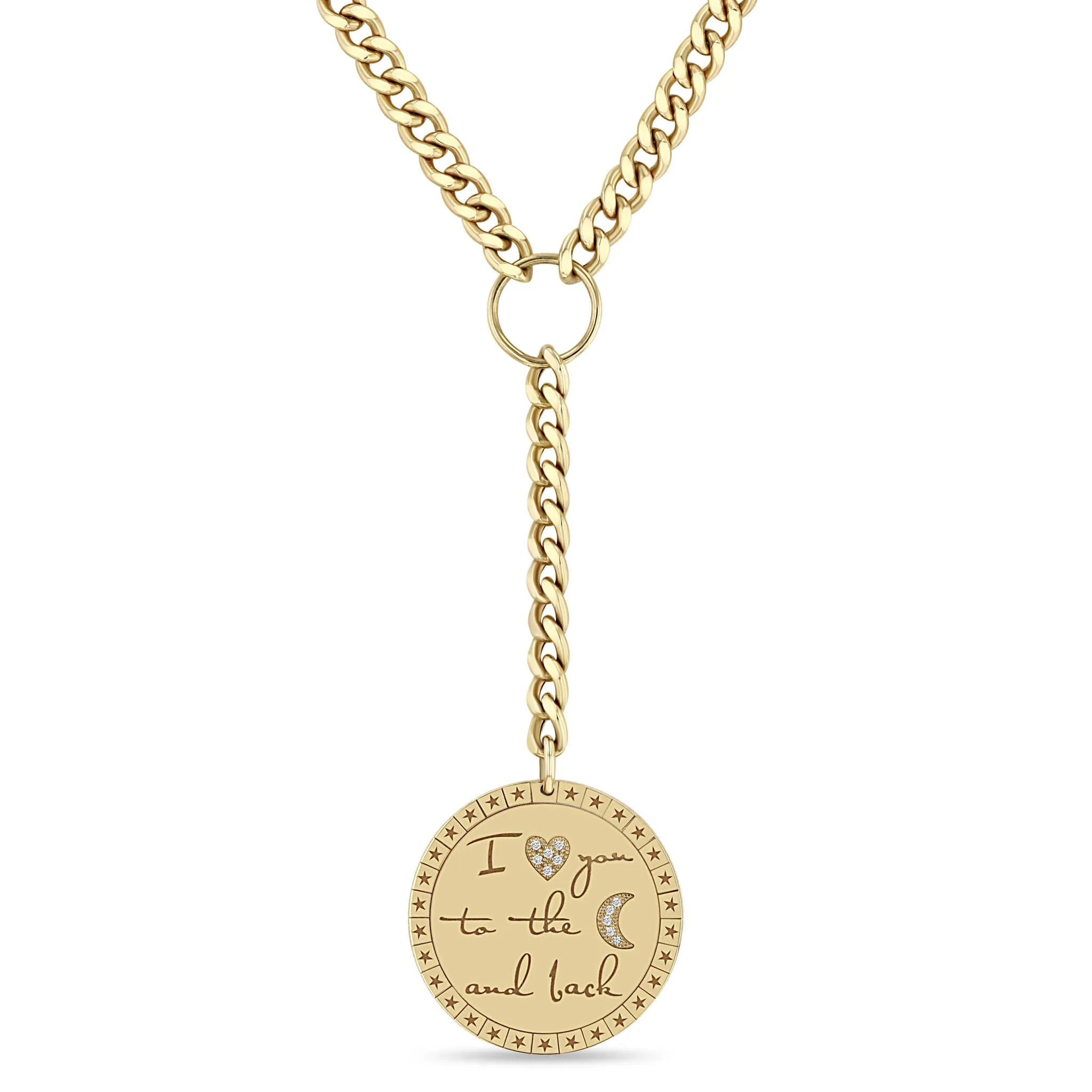 14k Large Pavé Diamond "I love you to the moon & back" Mantra Curb Chain Lariat Necklace