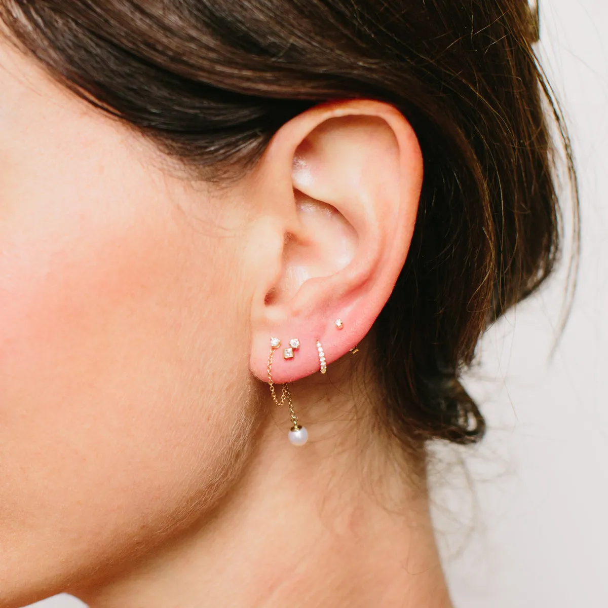 14k Prong Diamond Chain Huggie Earrings with Pearl Drop