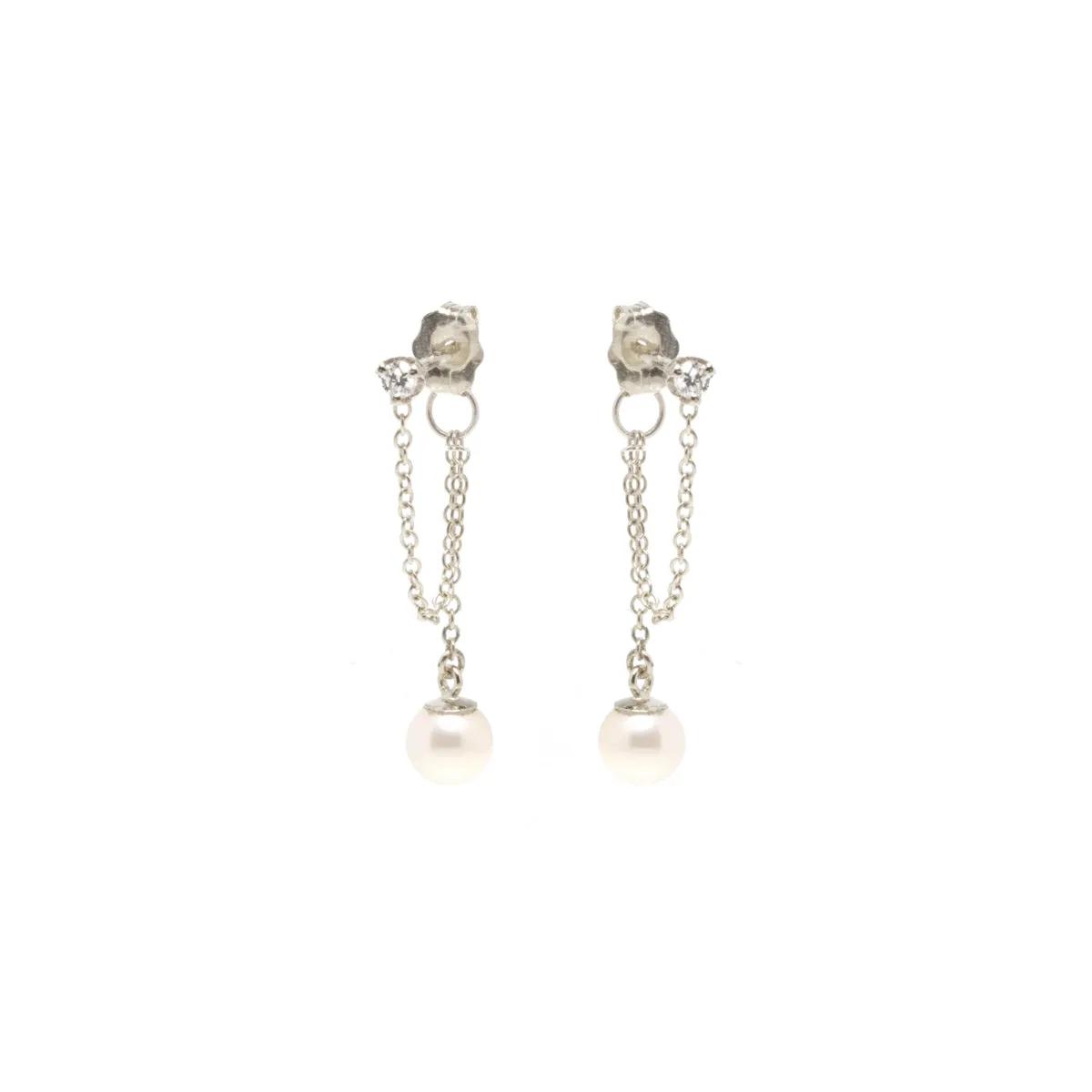 14k Prong Diamond Chain Huggie Earrings with Pearl Drop