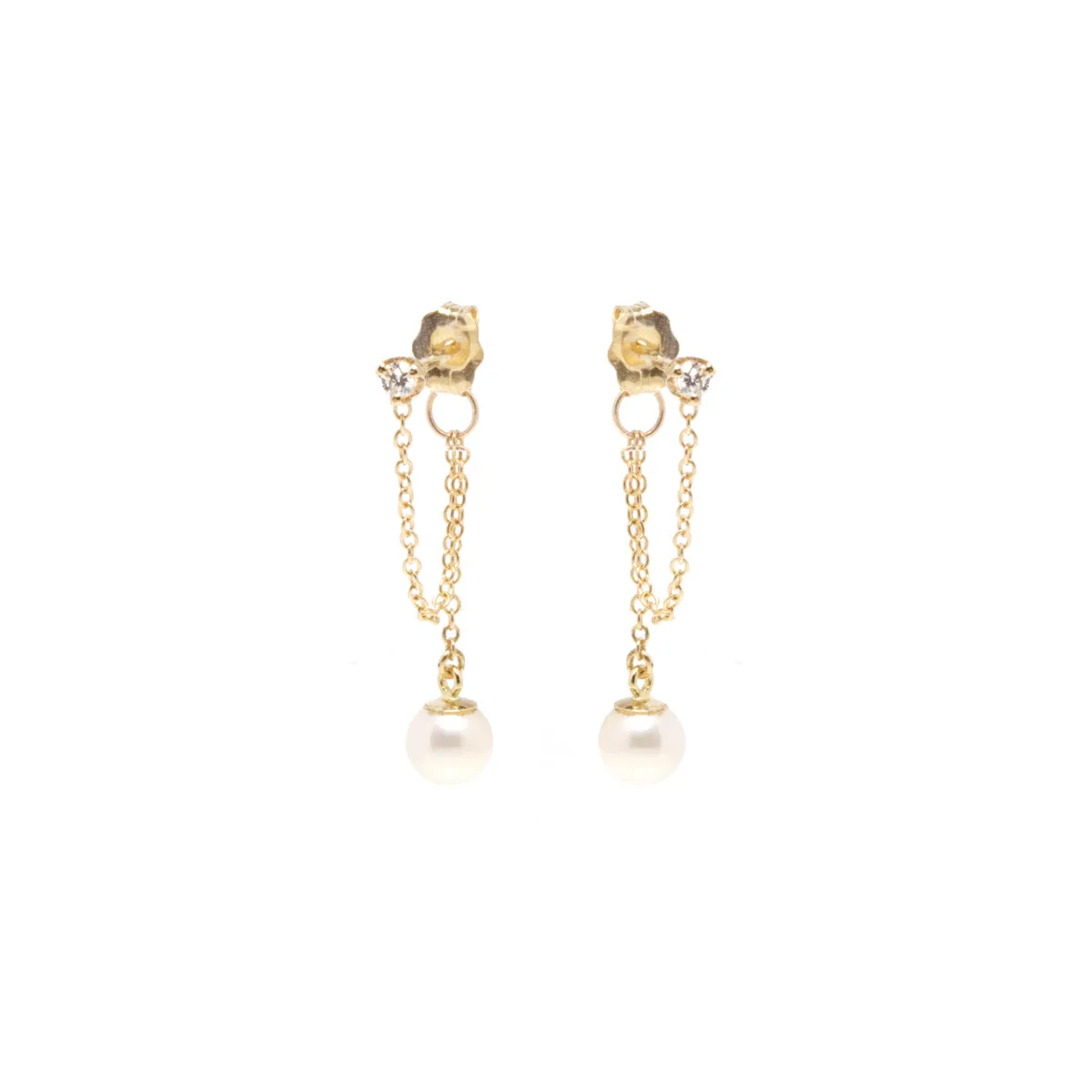 14k Prong Diamond Chain Huggie Earrings with Pearl Drop